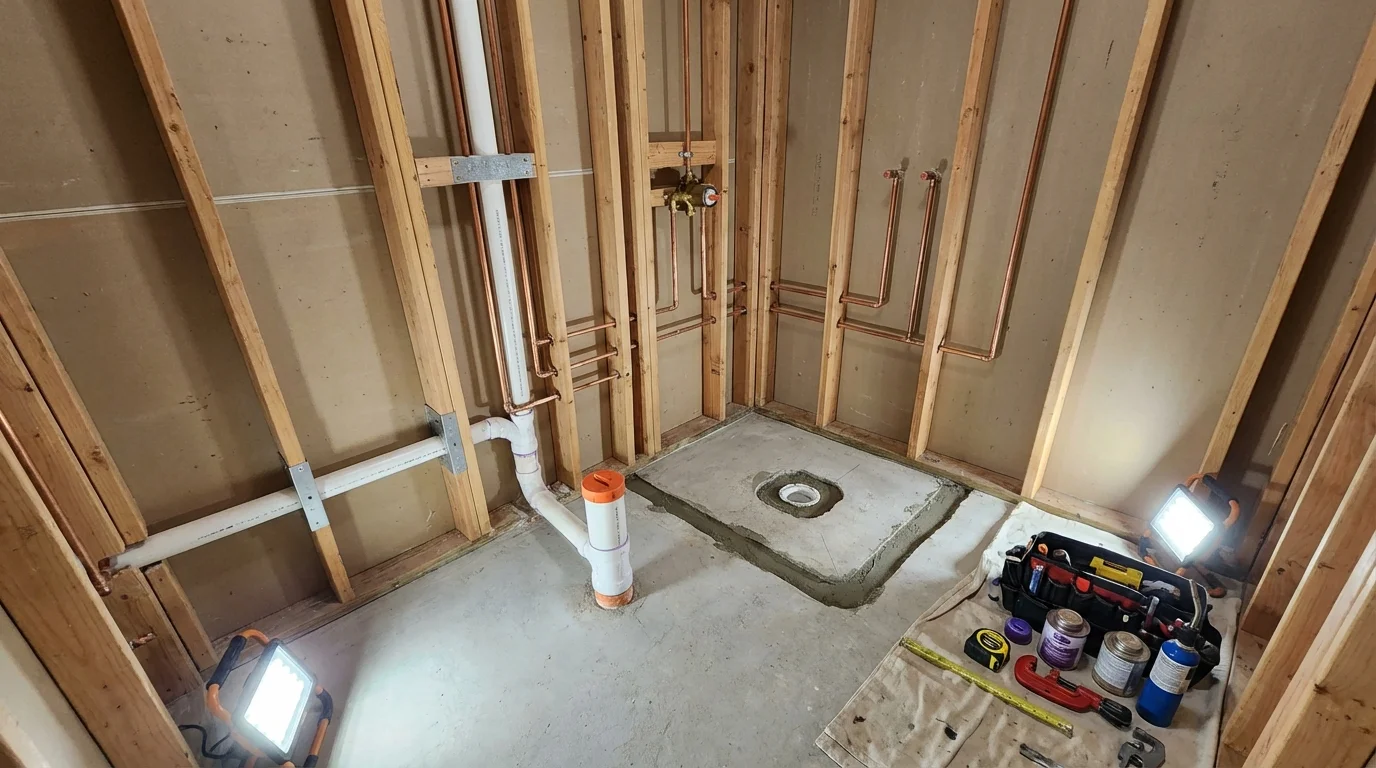 Bathroom rough-in plumbing during remodel by Johns Plumbing LLC in Sellersville