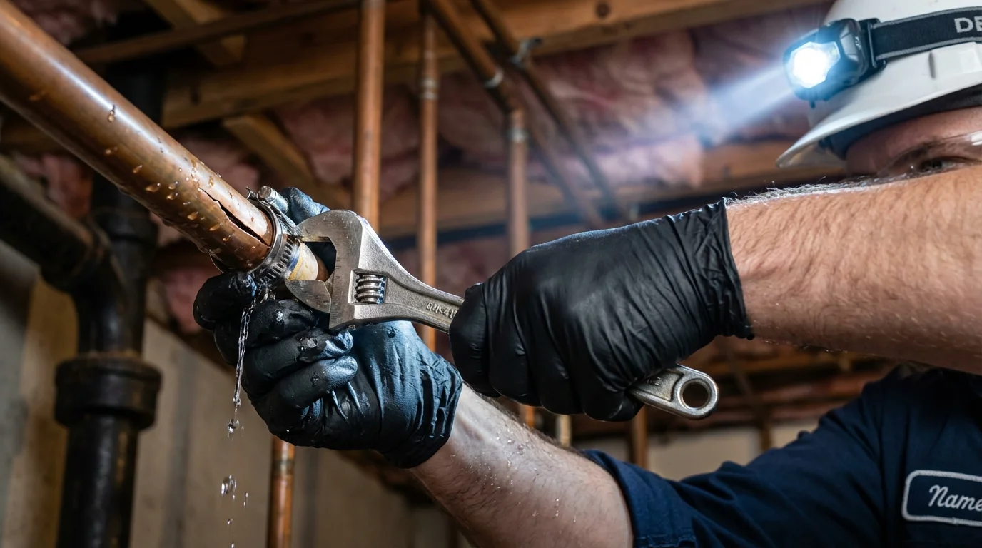 Emergency pipe clamp repair being performed by a Johns Plumbing LLC plumber in Sellersville