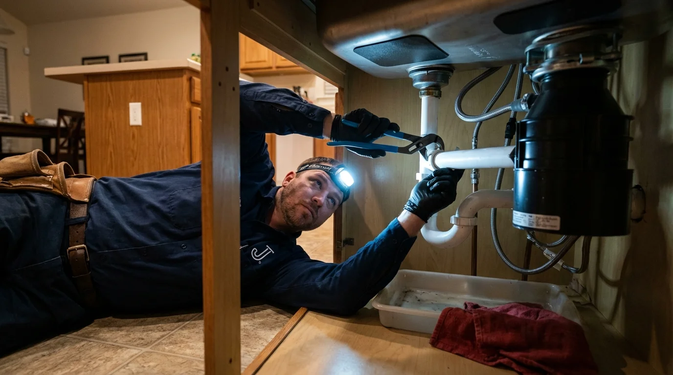 P-trap and supply line connections under a kitchen sink showing a common leak point in Sellersville, PA